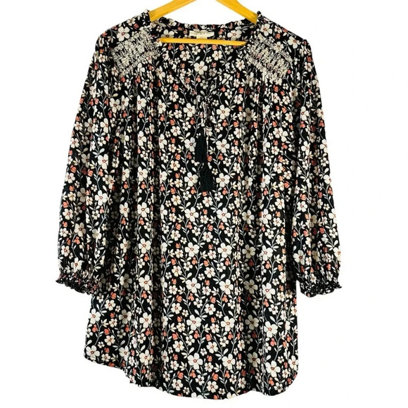 Style & Co. Floral Black Pink Cottage Peasant Tassel Blouse Size Women's 2x - Picture 1 of 7